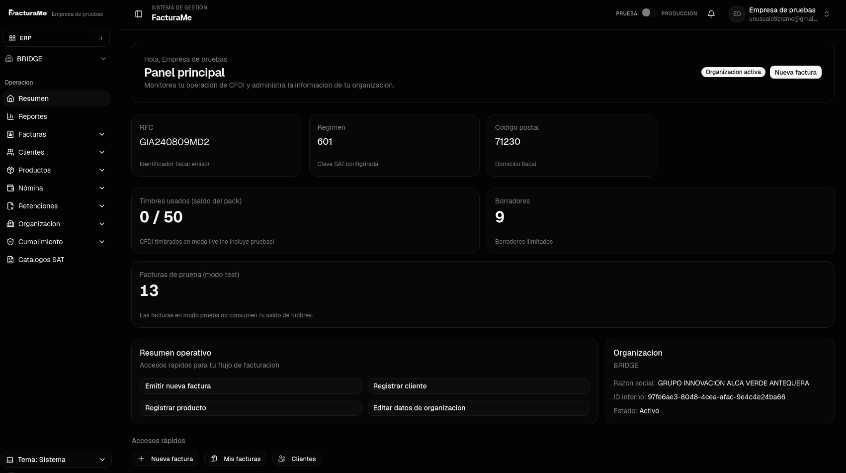 Panel de FacturaMe con el resumen de facturación